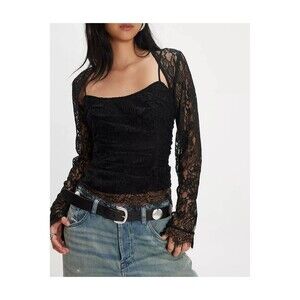 Free People Paloma Lace Blouse Top Long Sleeve Ruched Sheer Black S NEW 282135